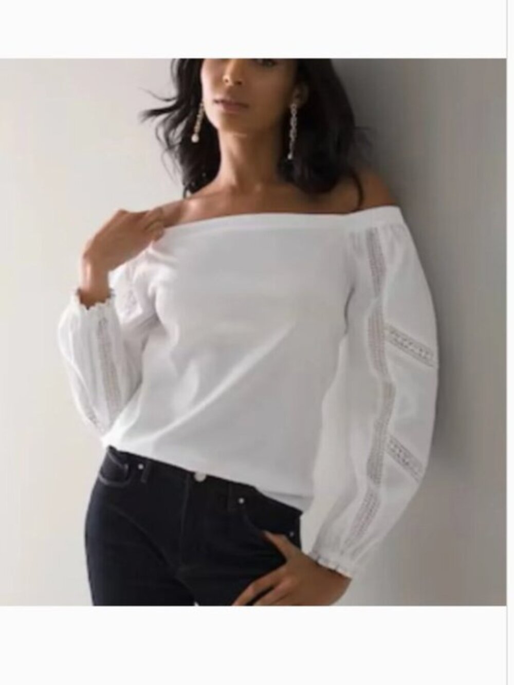 White House Black Market White Lace Inset Poplin Off Shoulder Size Small